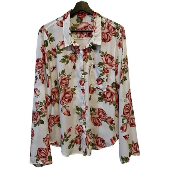 Guess XL Floral Rose Print 3/4 Sleeve Collared Blouse - Picture 1 of 16